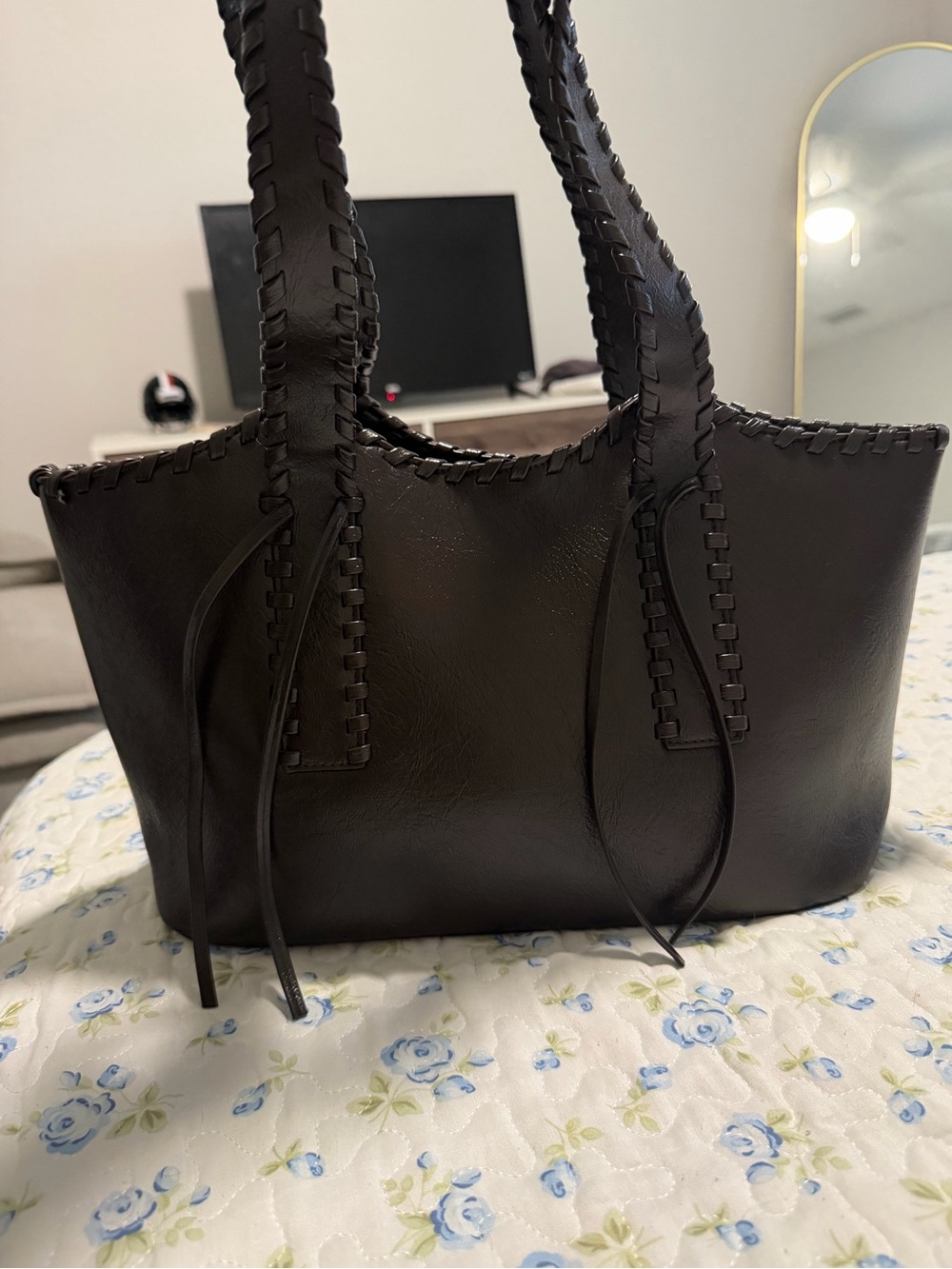 Melie Bianco Phoebe Tote in Brown with Woven-Trim Tote